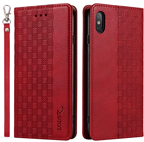 LOLFZ Case for iPhone X iPhone XS, Leather Flip Wallet Case Card Slots Kickstand Wrist Strap Protective Magnetic Phone Case Cover for Apple iPhone X/iPhone XS - Red