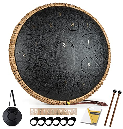 HOPWELL Steel Tongue Drum - 15 Note 14 Inch - Hang Drum Instrument - Hand Pan Drums with Music Book, Mallets and Carry Bag, D Major (Black)
