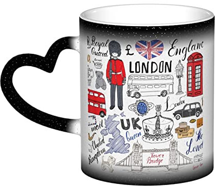 Aseelo Heat Changing Ceramic Mugs I Love London Coffee Cups with Heart-Shaped Handle for Coffee, Drink, Tea, Xmas Party Decoration, Fun Gift