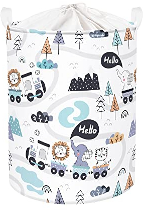 Clastyle 45L Urbane Reisen Tier Elefant Löwe Tiger Zug Baby Wäschekorb Weiß Baum Rund Spielzeug Kleidung Aufbewahrungskorb für Schlafzimmer, 36x45 cm