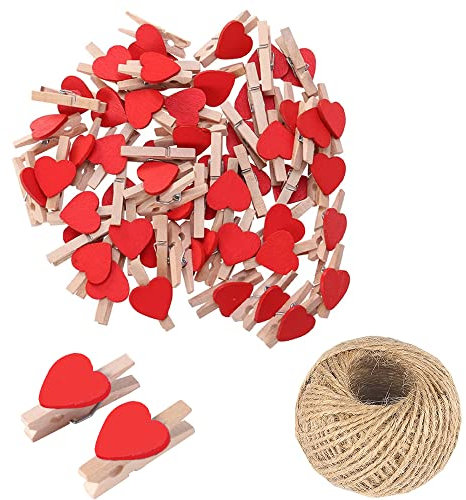 Lot de 50 mini pinces à linge en bois en forme de cœur avec cœur, 3 cm, petites épingles à linge avec ficelle pour affichage de photos, bricolage, décoration de mariage et de fête prénatale