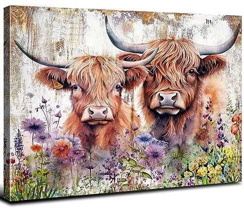 Rustikale Hochlandkuh, Wanddekoration, Aquarell, Wildblumenkuh, Wandkunst für Wohnzimmer, Bauernhaus, Westernrinder, Leinwand, Kunst, Bauernhof, Tiermalerei, Cowboy, Kunstwerk, Schlafzimmer