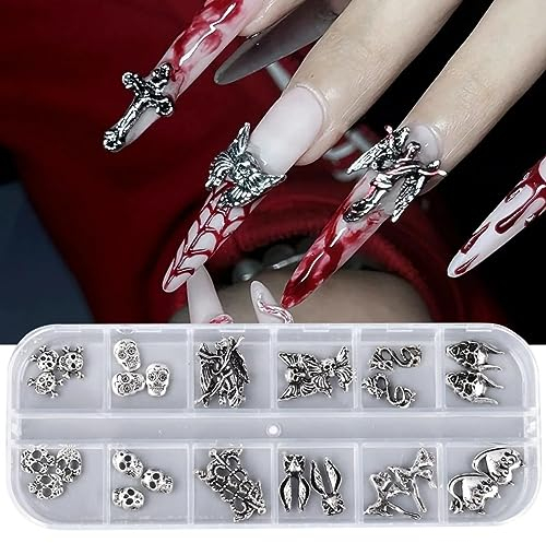 RUNRAYAY 28pcs 3D Halloween Nail Charms, Cross Chrome Metal Nail Art Charm Vintage Gothic Retro Punk Skulls Mixed for Manicure Craft DIY Nail Art Decoration Accessories with a Box