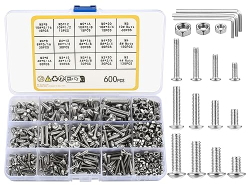 600pcs Button Head Hex Socket Head Cap Screws Bolts and Nuts Assortment Kit, 4# 8# 10# Machine Screws Nuts and Bolts Set, with Allen Wrenches