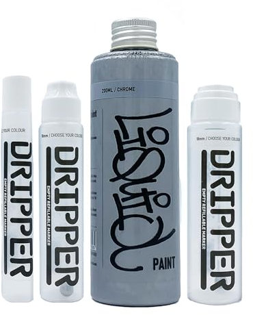 Liquid Paint & Dripper Bundle Dope, Multi Colour Refill & Multi Size Empty Mop Marker Graffiti Art Pack, Permanent 200ml Alcohol Based Paint (Chrome)
