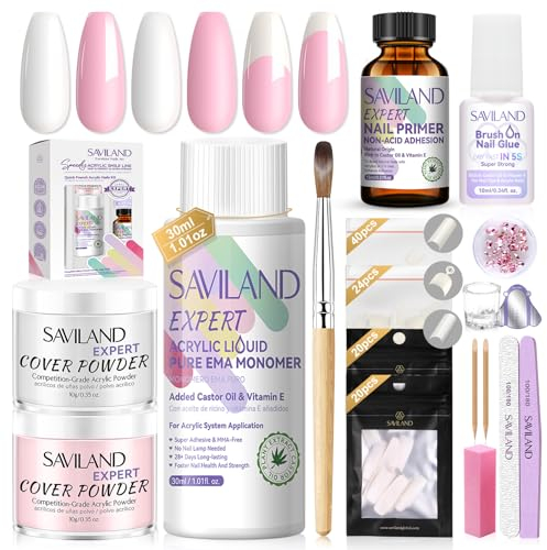 Saviland Acrylic Nail Kit: Keratin Acrylic Powder Castor Oil Vitamin E Pure EMA Monomer Nail Primer Nail Glue 84 French Nail Tips Pink Rhinestones Complete Tools French Acrylic Nail Set DIY Home Salon