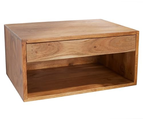 Riess Ambiente Hängender Nachttisch Amazonas 50cm Hellbraun Akazie Massivholz Regal mit Schublade, Beistelltisch für Dein Schlafzimmer