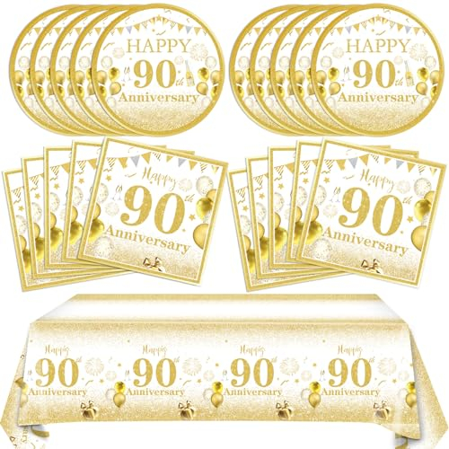 41PCS Golden 90th Birthday Party Decorations - 90th Theme Tableware Set with Paper Plate, Napkin, Tablecloth for Anniversary Celebration