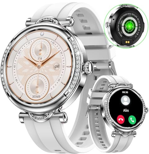 JELLOO Smartwatch da donna (rispondi/effettua chiamata) con diamanti, smartwatch Bluetooth da 1,27'' per Android iOS compatibile, fitness tracker con cardiofrequenzimetro