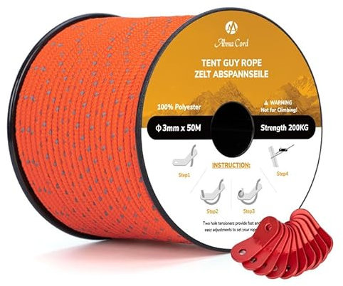Abma Cord Tent Guy Ropes 3mm 50M Guy Line 10 Pcs Guy Rope Tensioners Heavy Duty Guide Rope for Camping, Gazebos, Awning, Tarp - Reflective Neon Orange