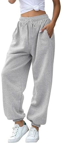 Missufe Cinch Bottom mit Taschen Sweatpants Damen Trainingshose Lang Jogginghose Freizeithose Hohe Taille Sporthose (Heidekraut Grau, X-klein)