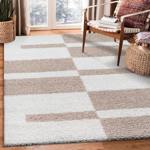 SANAT Milano Shaggy Teppich - Hochflor Teppiche für Wohnzimmer, Schlafzimmer, Küche - Weiss Beige, Größe: 60 x 110 cm