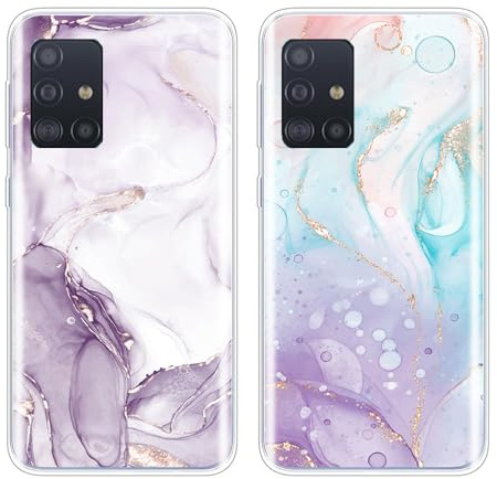 SEHEYA 2 Stück Hüllen für Samsung Galaxy A51 Hülle Silikon Süß Druck Weiche TPU Klare Handyhülle mit Motiv Ultra Dünne Kamera Schutz Case Schutzhülle Cover, Marmor Lila Rosa