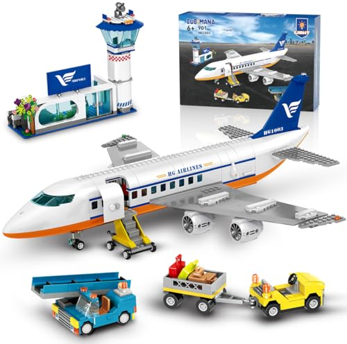 CUBIMANA Großes City Flugzeug-Bauspielzeug mit LED-Licht, 53,5cm x 17cm Flugzeug-Bausätze mit 2 Gepäckwagen, Terminal, Radarturm, Geschenke für Kinder, Jungen und Mädchen ab 6–12 Jahren (901 pcs)