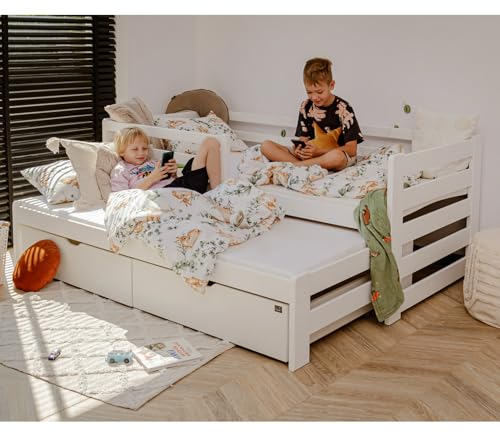 Lomadox Kinderzimmer Kinderbett inkl. Ausziehbett 90x200 cm Kiefer weiß, mit 2 Schubkästen