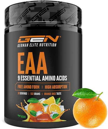 EAA in polvere 532 g - Tutti i 9 aminoacidi essenziali, inclusi istidina e BCAA - Formula Human Code - Bevanda per l'allenamento a base di aminoacidi - Super solubilità - Vegan (Succo d'Arancia)