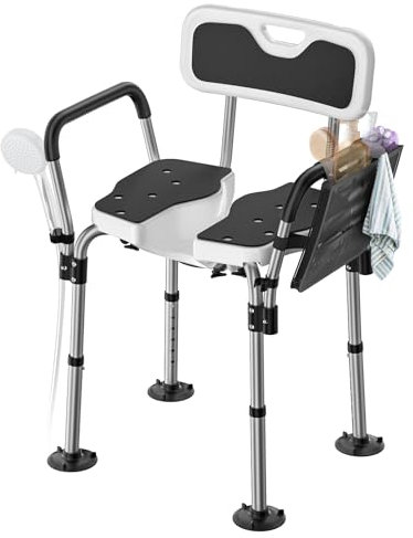 FORTEMOTUS Shower Chair with Arms - U-shape Seat Heavy Duty Shower Chair for Elderly and Disabled, 350 lbs Capacity, Padded Arms and Back, 6-Level Adjustable Height for Bathroom, Bathtub