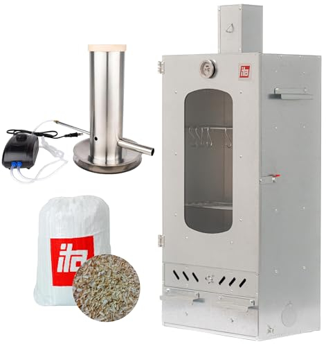 ITA Räucherofen 7012 - Smoker Set mit Rauchgenerator & Räucherspänen - Räucherschrank mit 3 Etagen - Legierter Stahl, mit Sichtfenster & Kaminabzug - Qualität Made In EU Direkt vom Hersteller