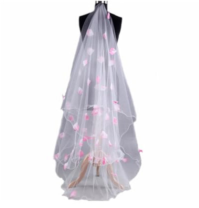 Brautschleier mit Rosa Blume 3M Lang Weiß 1 Stöckig Hochzeitsschleier Elegent Bodenlange Kirche Blütenblattschleier Weicher Tüll Haarschmuck für Frauen Hochzeit Junggesellinnenabschied Party