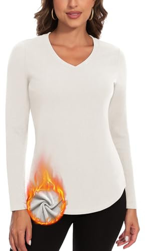 Soneven V Neck Thermal Tops Womens Long Sleeve T Shirts Warm Ladies Vests Base Layers Underwear Gym Tops in Winter/Autumn V-White L
