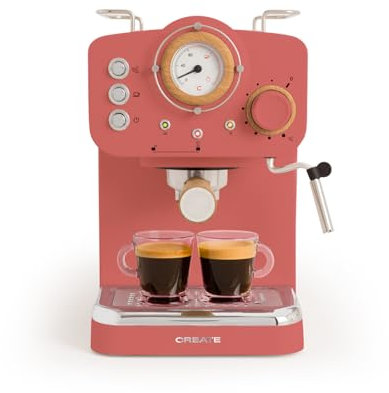 CREATE / THERA RETRO/Halbautomatische Kaffeemaschine Terrakotta Matt und Holz / 20bar Druckpumpe, 1100W, 1.25L Wasserbehälter, für gemahlenen Kaffee, 55mm ESE-Pads, mit Dampfgarer, 1100W