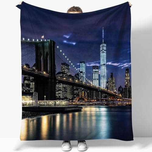 Kuscheldecke Flauschig Decke Flanell Fleecedecke 150 x 200 cm Sofadecke Tagesdecke Blanket 3D New York Brooklyn Bridge-Nachtansicht Weich Deckeldecke Wohndecke Für Bett Sofa Schlafzimmer Büro