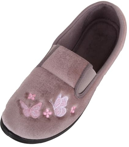 ABSOLUTE FOOTWEAR Womens Twin Gusset Velour Style Slippers with Butterfly Embroidery