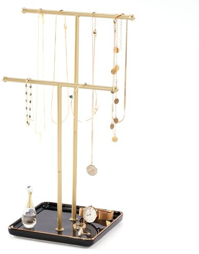 Lolalet Necklace Holder, Jewellery Display Stand with Ceramic Base Tray Jewellery Organizer Tree for Necklaces Bracelets Earrings Rings -Black, 2 Tiers