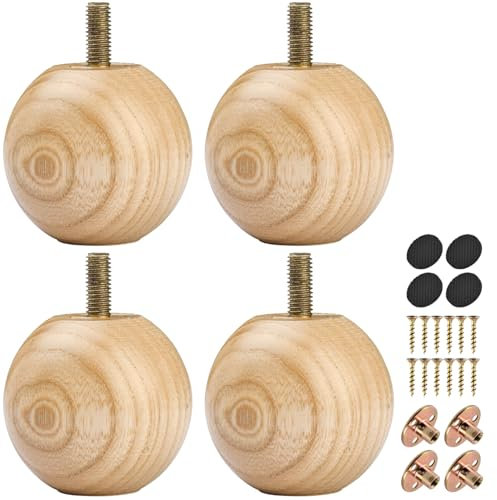 La Vane 2 inch Ash Wood Round Small Ball Furniture Bed Legs, Set of 4 Minimalist Modern Wooden Replacement Bun Feet Varnish with with M8 Bolt & Mounting Plate for Bed Sofa Dresser Cupboard Cabinet