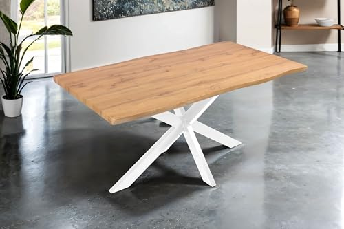 SAM Esstisch Josy 160x85 cm Holz Wildeiche-Optik Spider-Gestell weiß | 40 mm Tischplatte mit Baumkante, Metallgestell, Tisch für Esszimmer & Küche