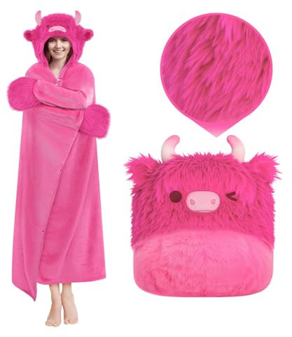 Mewaii Tragbare Decke mit Kapuze und Ärmeln,Kuscheldecke im Hochlandkuh Design,Unisex Decke für Damen und Herren,Weiche Flanell Decke mit Handschuhen,Ideal für Zuhause
