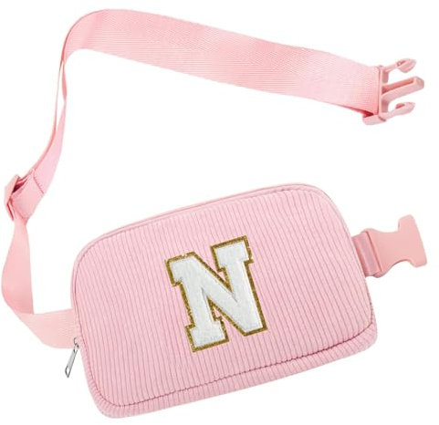 Bauchtasche Gürteltasche Damen, Cord-Crossbody Bag, Brustbeutel Umhängetasche, Schultertasche mit Schultergurt für Outdoor Sport Laufen Reise Fahren Wandern, Initialen N Geschenke für Frauen Mädchen