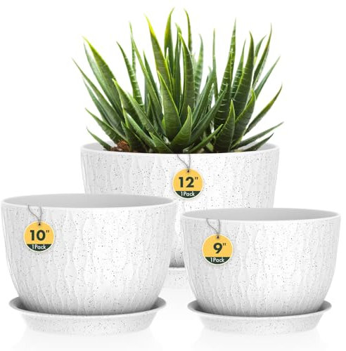 Homeuouz 3 Pack Plastic Plant Pots,30/25/23CM,Large Plant Pots Indoor Flower Pots with Drainage Holes Saucer and Reservoir for All House Plants(White Speckles)
