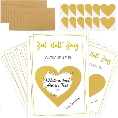 Hierein 12 Zeit statt Zeug Gutschein zum Selber Ausfüllen, Gold Rubbelkarten zum Selber Beschriften mit Umschlägen, Gutschein für Gemeinsame Zeit, Wunschgutschein, Geschenke für Frauen Freundin