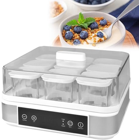 Yogurtera, Quesera, con 9 Tarros de Cristal y Pantalla Táctil Inteligente con Control de Temperatura y Tiempo, para Yogur Ecológico Casero
