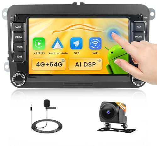 [4+64G] Android Autoradio für VW Jetta Passat Golf Beetle Tiguan Touran Seat Altea Skoda Polo Caddy Wireless Carplay Android Auto, 7''Touchscreen Radio Bluetooth 5.0/GPS/Rückfahrkamera/FM/RDS/WiFi/SWC