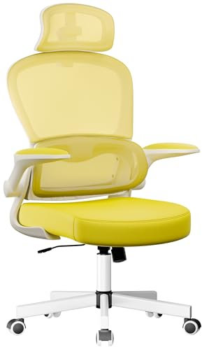 Blisswood Ergonomic Office Mesh Chair with Lumbar Support, Flip-Up Armrests, 360° Swivel, Adjustable Headrest, 130° Reclines, Executive Computer Desk Chair for Home Office & Gaming (Yellow)