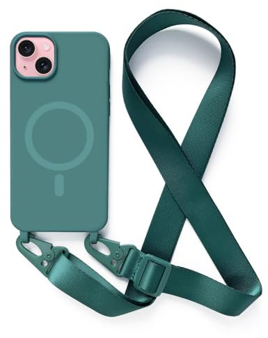 Leather Armor Handykette Hülle für iPhone 15(6.1) mit Band Halsband Lanyard (abnehmbar) Handyhülle, Verstellbarer Lanyard.Magnetisch Stoßfest Silikonhülle Wireless Charging kompatibel .-Grün