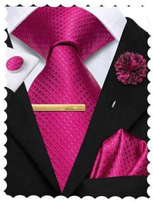 Hi-Tie Herren-Krawatten-Set, Krawatte und Einstecktuch, Manschettenknöpfe, Blume, Anstecknadel, Clip, Set für Hochzeit, Business, 4 Stück, Fuchsia, M