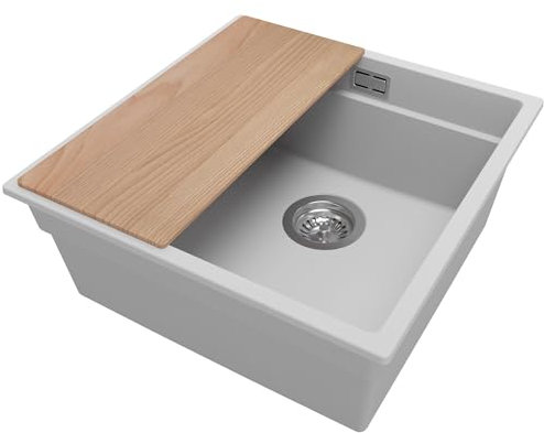 PRIMAGRAN Fregadero Cocina Gris 46x47cm, Granito 1 Seno + Sifón + Tabla de cortar, Sobre encimera al mueble 50cm - Prague Slim