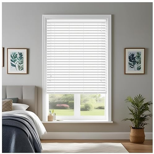 J.Din Made to Measure White Faux Wood String Venetian Blind, 45W x 150H cm | Custom Made Wooden Windows Venetian Blinds with String, 50MM Horizontal Slats Easy Fit Home Office Window Treatments Shutters