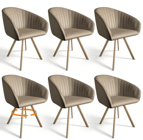 Nizzenithal 6er-Set Drehbare Esszimmerstühle – Modern Gepolsterte Stühle mit Lehne & Metallbeinen in Holzoptik, Beige Akzentstühle für Esszimmer, Wohnzimmer, Büro