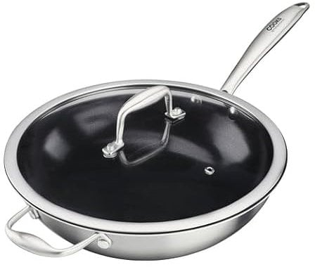 Cooks Professional Tri-Ply Wok with Tempered Glass Lid & Non-Stick Ceramic Coating | 28cm Aluminum & Stainless-Steel Versatile Cooking Pan | Compatible with All Hobs Inc Induction & Oven Safe