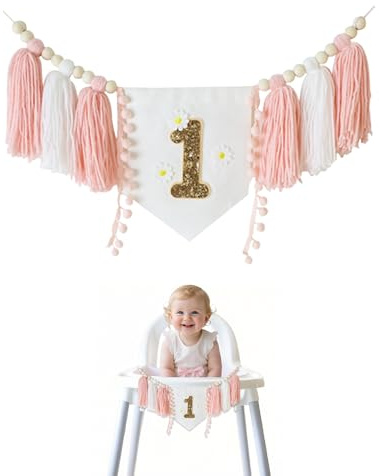 Gxdamxz 1. Geburtstag Deko Mädchen, Erster Geburtstagsdeko Hochstuhlbanner für Tischdekoration, Party, 1st Birthday Banner, Rosa