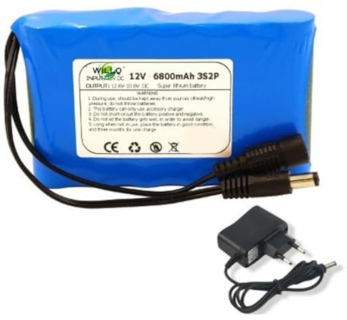 WILLQ Batterie Lithium Rechargeable DC 12 V 6 800 mAh pour Barre Lumineuse LED, Radio, Solaire et Autres appareils 12 V avec Chargeur 12,6 V 1 A