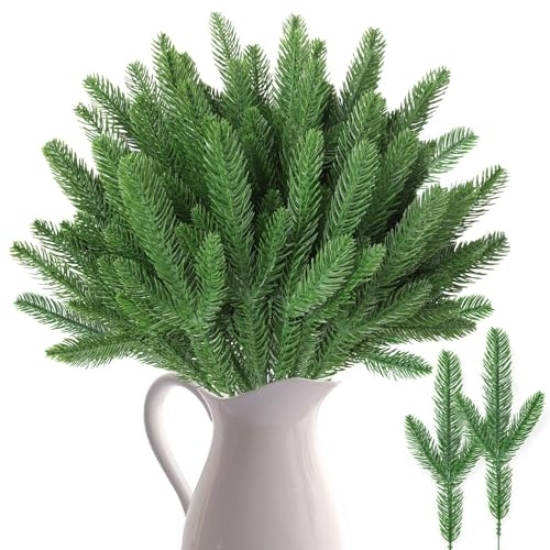 DTYDECLE 50pcs Christmas Pine Branches, Artificial Pine Needles Xmas Green Faux Fake Artificial Pines Sprigs Branches Christmas Faux Leaves Stems for Xmas Tree Wreath Garland DIY Crafts