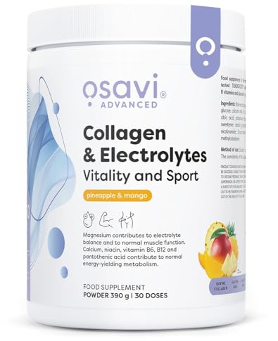 Osavi Collagen & Electrolytes Vitality & Sport – 390 g | Pineapple - Mango Flavour | TENDOFORTE® Collagen peptides | 5 Electrolytes + B Vitamins | Aquamin Mg® | Support During Physical Activity