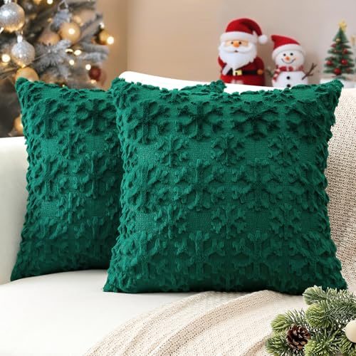 JOTOM 2er Set Weihnachten Kissenbezüge, Plüsch Kurze Wolle Dekorativ Zierkissenbezüge Schneeflocken Kissenhüllen Sofakissen Kissenbezug Weihnachtsdeko für Wohnzimmer Garten (40x40cm, Grün)