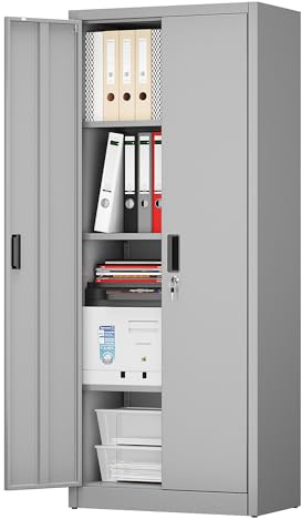 LOCENHU Armoire en métal avec 3 étagères réglables en hauteur, tôle d'acier, revêtement par poudre, armoire en acier pour outils, garage, 170 x 70 x 38 cm (gris)