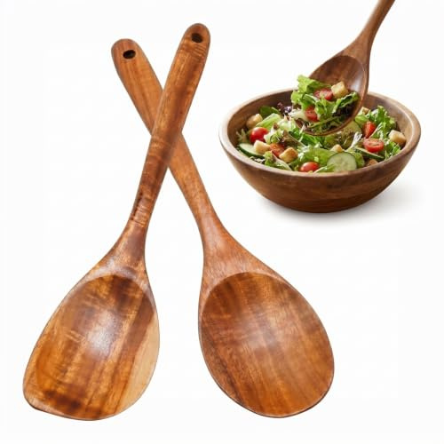 2 Pcs Teak Wooden Cooking Utensils Set, Corner Round Spoon Long Handle | Natural Teak, Nonstick, Heat Resistant, for Home Kitchen Cooker